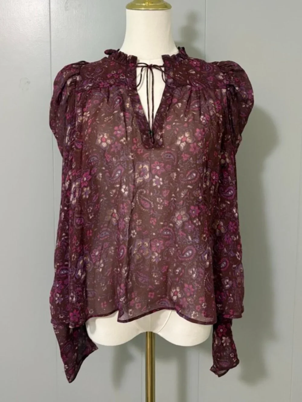 Ulla Johnson Renly Blouse Sumac Floral Paisley 100% Silk Sz 0 Ruffle Puff Sleeve